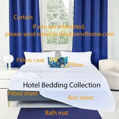 hotel bedding collection including bed sheets, curtains, towels, bath mat, bath towel, bath robe